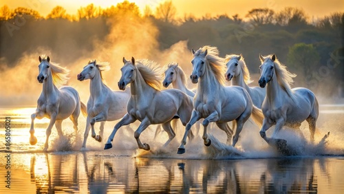 Magnificent white Arabian horses galloping freely in unison along serene lake's shoreline against stunning light-filled misty morning background.