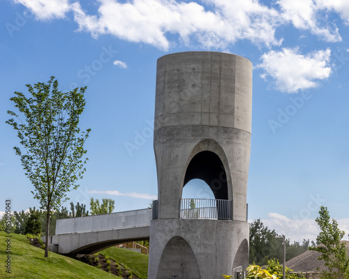 Fototapeta Naklejka Na Ścianę i Meble -  Toronto Canada, June 27, 2024; The observation tower at the new artificial beach park on Leslie Street in the Toronto port lands.