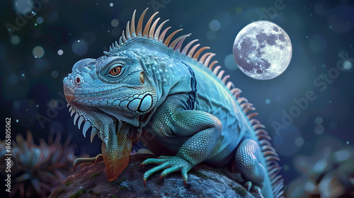 Blue Iguana Under a Full Moon Illustration
