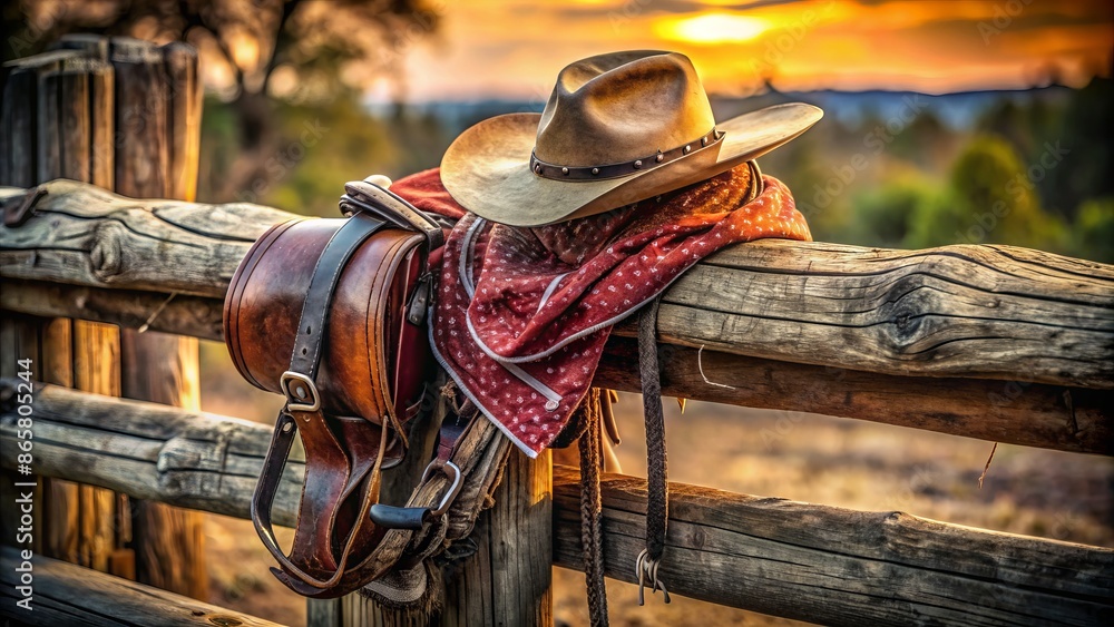 Rugged leather saddle, worn cowboy hat, and faded bandana resting on a weathered wooden fence, evoking Wild West adventure spirit. Rugged leather saddle, worn cowboy hat, and faded bandana resting on a weathered wooden fence, evoking Wild West adventure spirit.