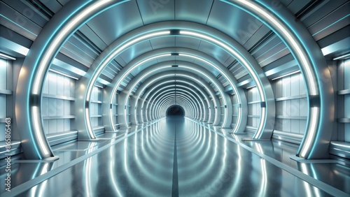 Futuristic abstract 3D tunnel stage with silver road, gray walls, and neon lights on a pristine white background, modern interior design.