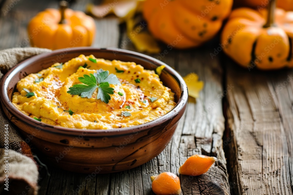 Pumpkin hummus for Thanksgiving on wooden background Pumpkin hummus for Thanksgiving on wooden background