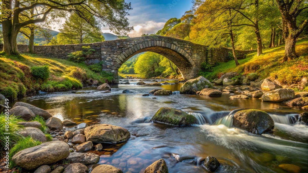 Scenic serene mountain stream River Duddon flows gently underneath ancient stone arch Cockley Beck bridge in picturesque Duddon Valley England. Scenic serene mountain stream River Duddon flows gently underneath ancient stone arch Cockley Beck bridge in picturesque Duddon Valley England.