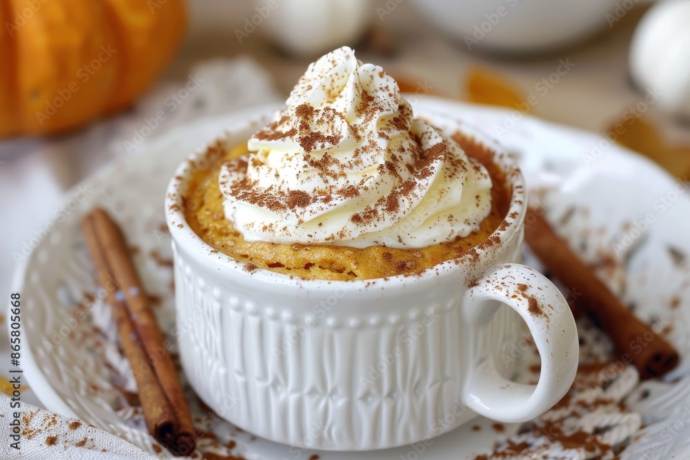 Pumpkin mug cake with whipped cream and cinnamon Pumpkin mug cake with whipped cream and cinnamon