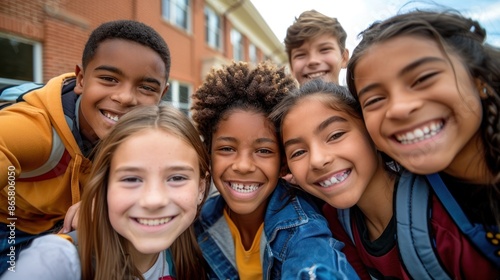 Group of smiling little school children selfie together near school campus. Back to school concept.