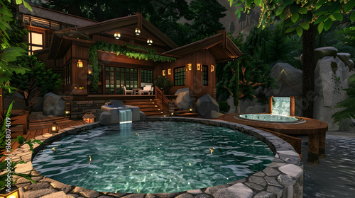 Nighttime 3D Illustration of a Tranquil Japanese Garden with a Stone Hot Tub