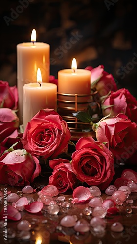 candles and roses   HD 8K wallpaper Stock Photographic image
