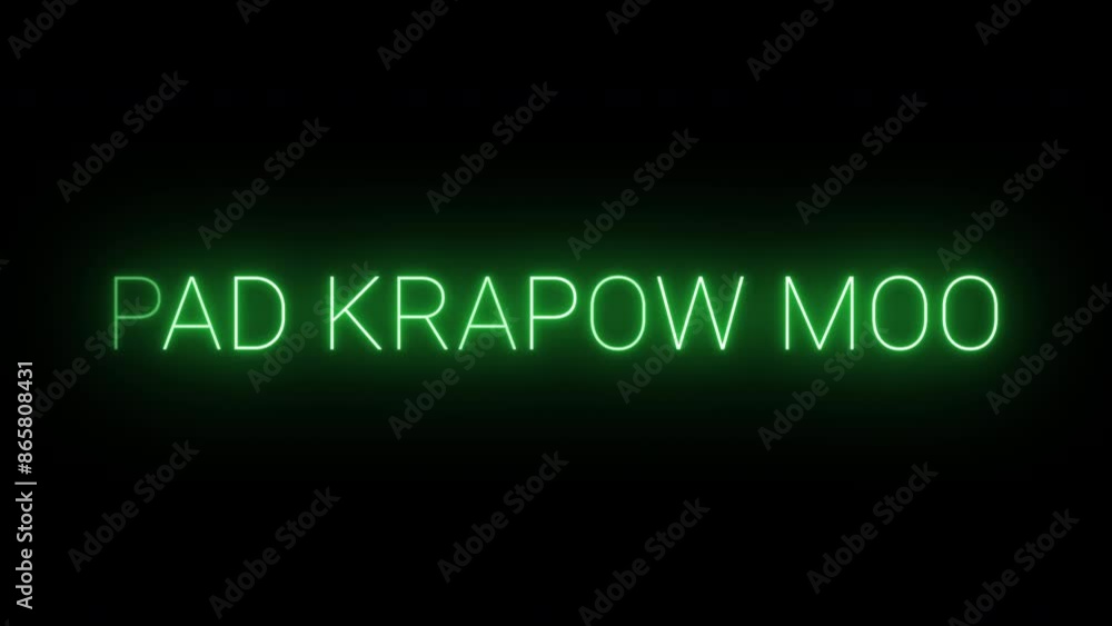 Flickering neon green glowing Pad Krapow Moo text animated on black background Flickering neon green glowing Pad Krapow Moo text animated on black background