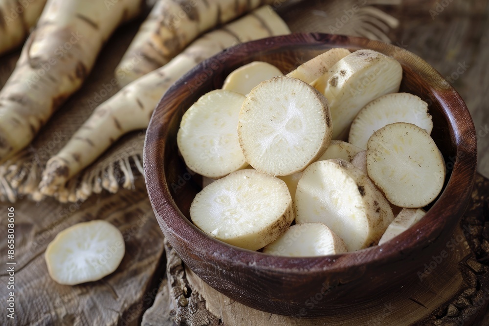 Raw starchy manioc slices in wooden bowl Raw starchy manioc slices in wooden bowl