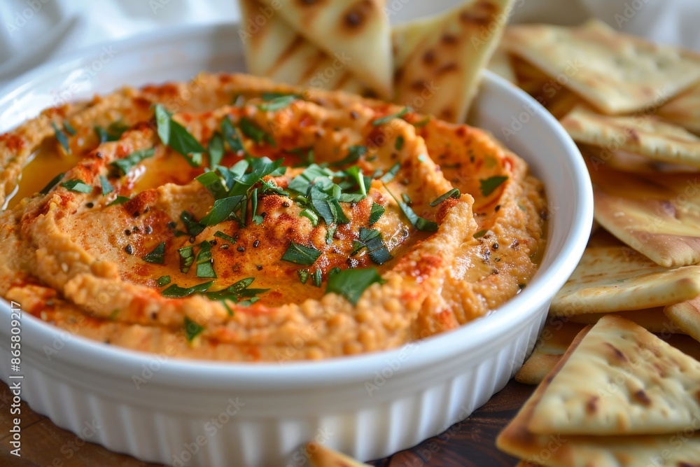 Red pepper hummus with pita chips Red pepper hummus with pita chips