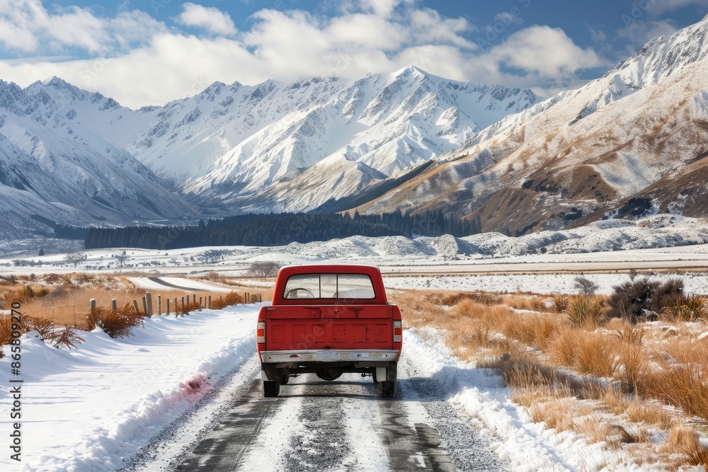 Red pickup truck on snowy New Zealand road with mountains