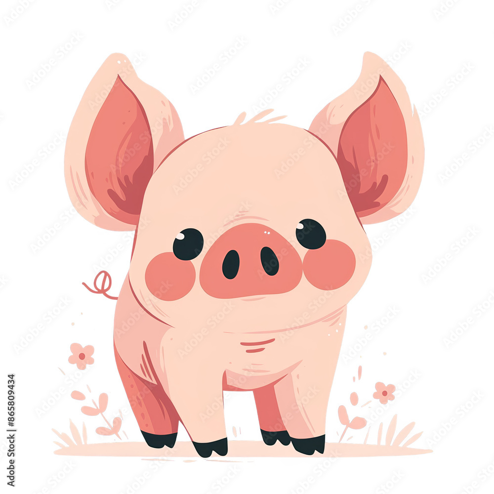 Naklejka premium Cute cartoon pig with big ears and rosy cheeks, standing among flowers. Adorable farm animal illustration.