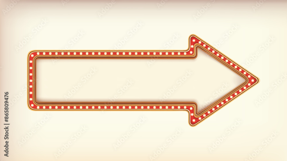 Retro advertising arrow sign red marquee gold light board on white background. Vector illustration Retro advertising arrow sign red marquee gold light board on white background. Vector illustration
