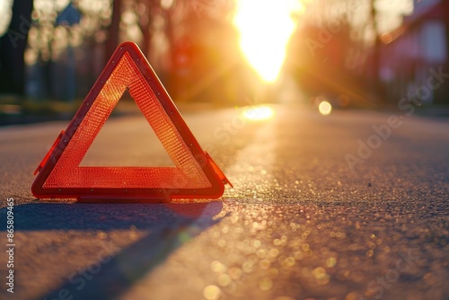 Red triangle emergency sign road symbol with sunlight