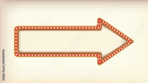 Retro advertising arrow sign red marquee gold light board on white background. Vector illustration