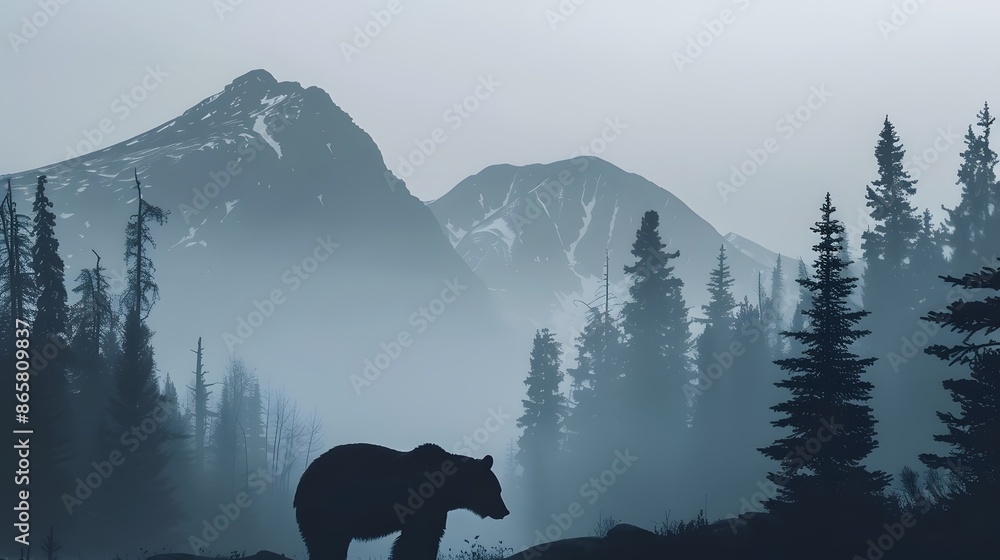 wilderness landscape with bear silhouette and misty mountains. wilderness landscape with bear silhouette and misty mountains.