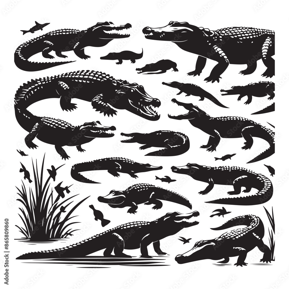 Fototapeta premium Black silhouettes of crocodiles on a white background