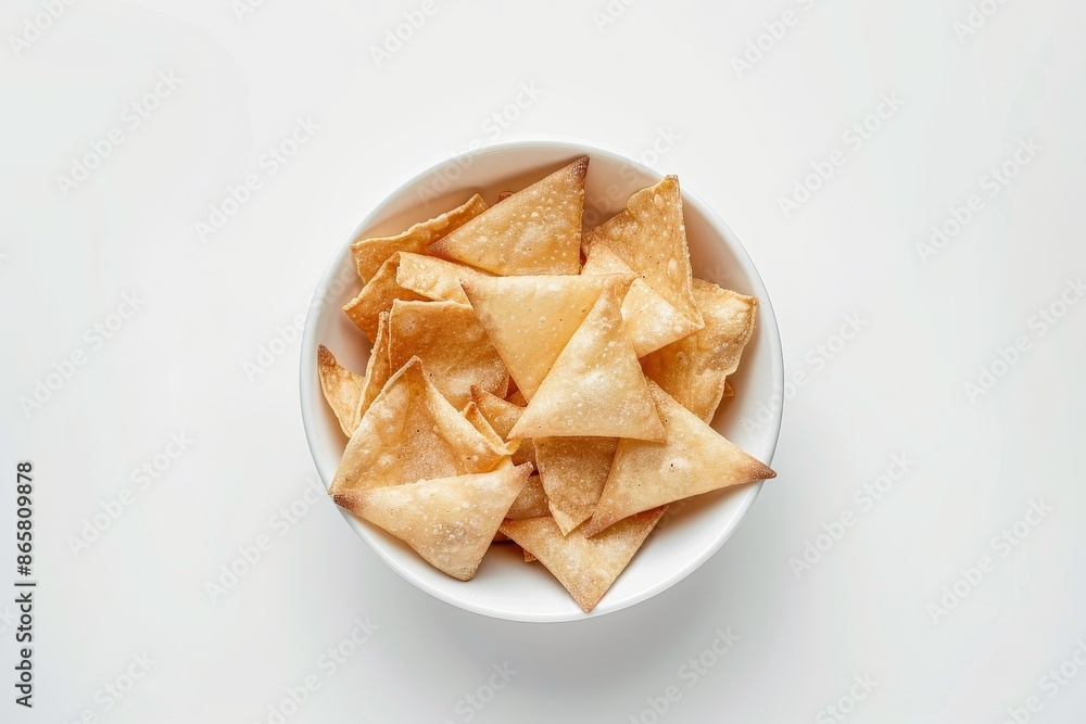Tasty cassava chips on a white bowl against white background Tasty cassava chips on a white bowl against white background