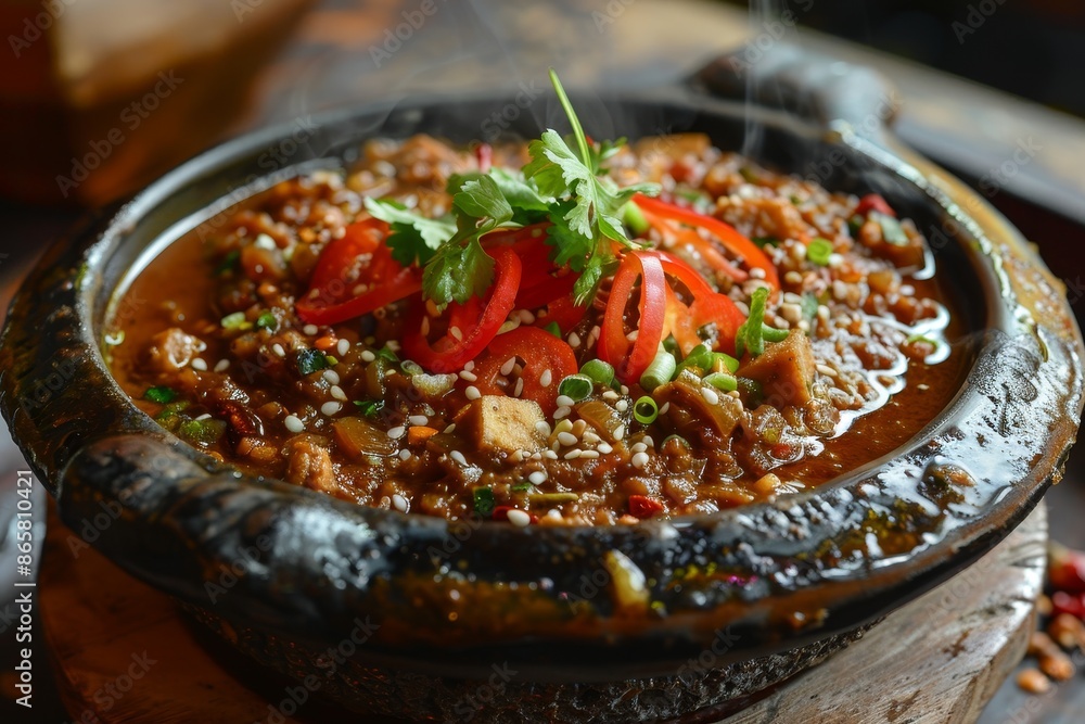 Tempe with eggplant sauce on hot plate in Java Tempe with eggplant sauce on hot plate in Java
