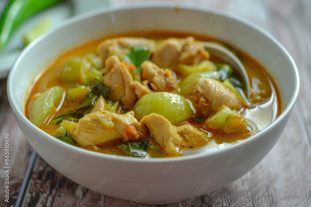 Thai Chicken Curry with Bitter Gourd in bowl on wood background Coconut curry soup with Chinese bitter melon Thai Chicken Curry with Bitter Gourd in bowl on wood background Coconut curry soup with Chinese bitter melon