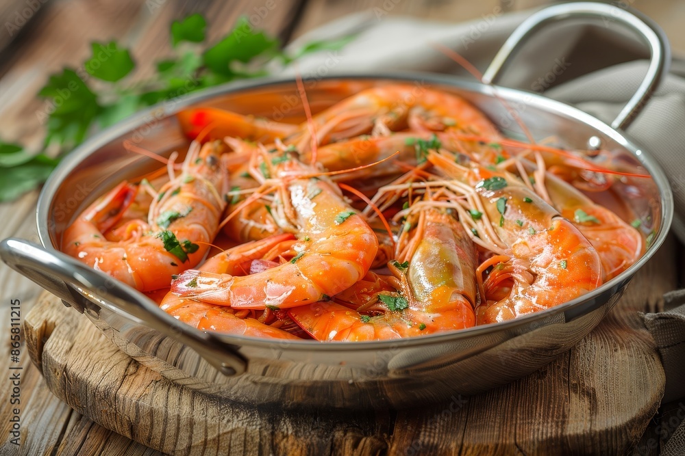The shrimp or prawn was steamed boiled or baked and placed in a large silver pan on the brown wooden floor looking delicious and ready to be The shrimp or prawn was steamed boiled or baked and placed in a large silver pan on the brown wooden floor looking delicious and ready to be