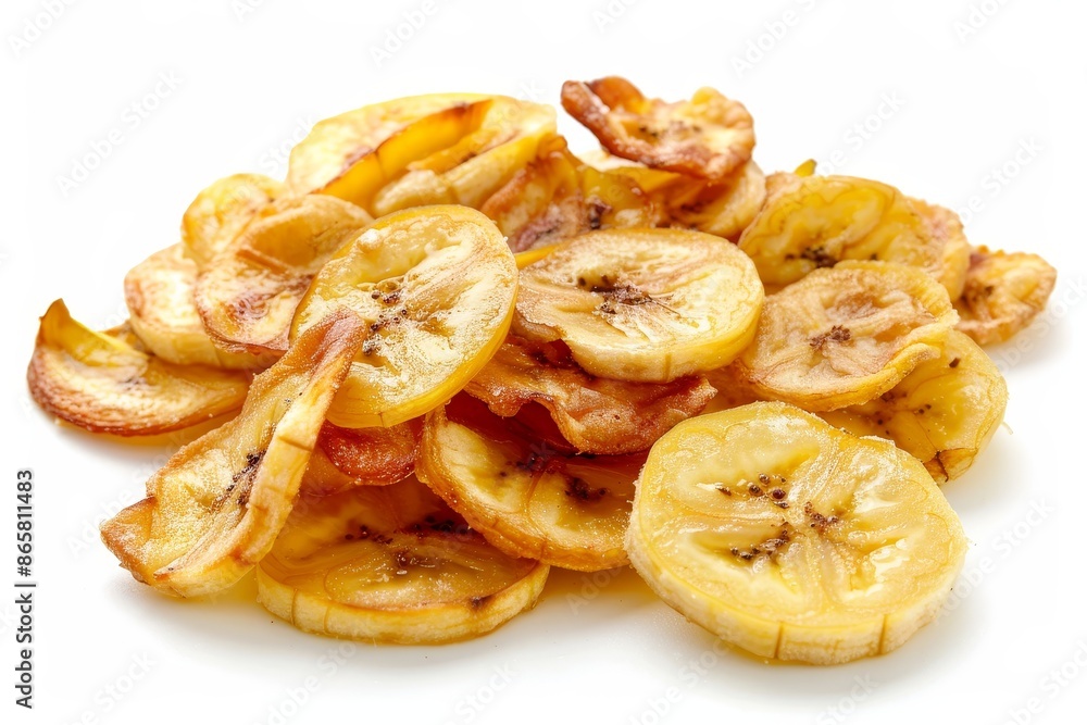 Thinly sliced banana chips a tropical snack on white Thinly sliced banana chips a tropical snack on white