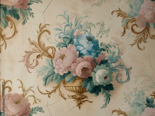 Timeless Elegance 18th Century Vintage Floral Wallpaper Pattern Infused with Linoleum Texture, Evoking Nostalgia and Sophistication in Decorative Wall Paint	