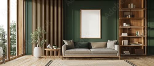Wooden and green living room interior with shelves and poster © Achmad Khoeron