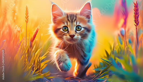 gato pequeño gatito mirando a la camara caminando por el campo entre las plantas y el pasto al aire libre con colores brillantes retrato colorido y tierno photo