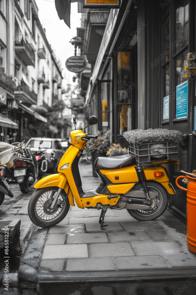 A yellow scooter is parked on the sidewalk in front of a building A yellow scooter is parked on the sidewalk in front of a building