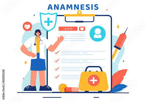 Vector Illustration of an Anamnesis System Providing Information About Diseases and Healthcare Databases in a Flat Style Cartoon Background