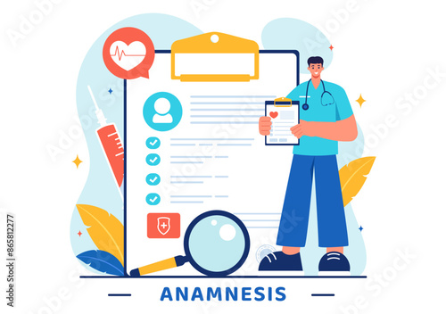 Vector Illustration of an Anamnesis System Providing Information About Diseases and Healthcare Databases in a Flat Style Cartoon Background