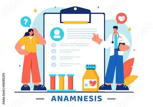 Vector Illustration of an Anamnesis System Providing Information About Diseases and Healthcare Databases in a Flat Style Cartoon Background