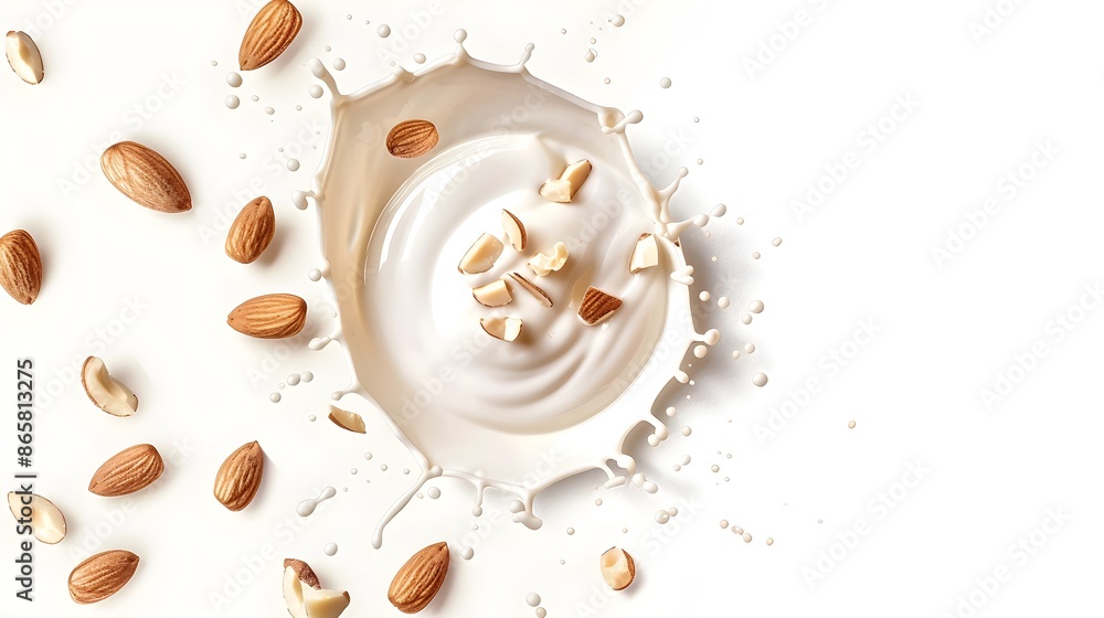 Circular Almond Milk Splash Swirl with Floating Almond Slices on White Background Circular Almond Milk Splash Swirl with Floating Almond Slices on White Background