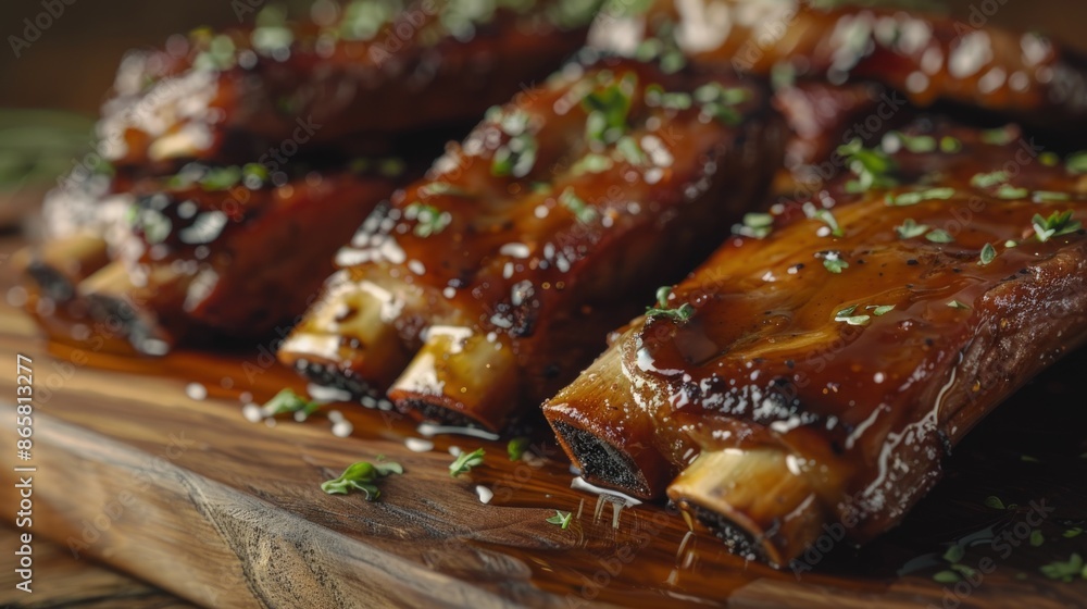 Ribs with parsley on a wooden cutting board. Generate AI image Ribs with parsley on a wooden cutting board. Generate AI image