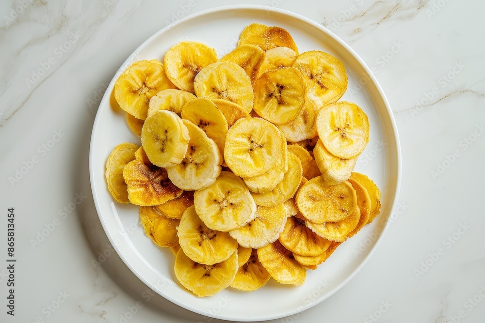 Top view of banana chips on plate Top view of banana chips on plate