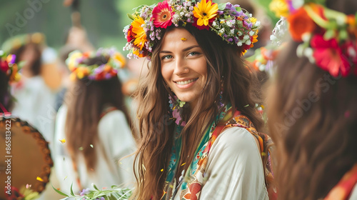 Smiling Woman with Flower Crown in a Crowd - Photo