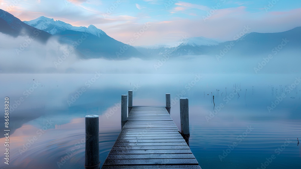 Fototapeta premium serene lakeside scene at dawn with mountains