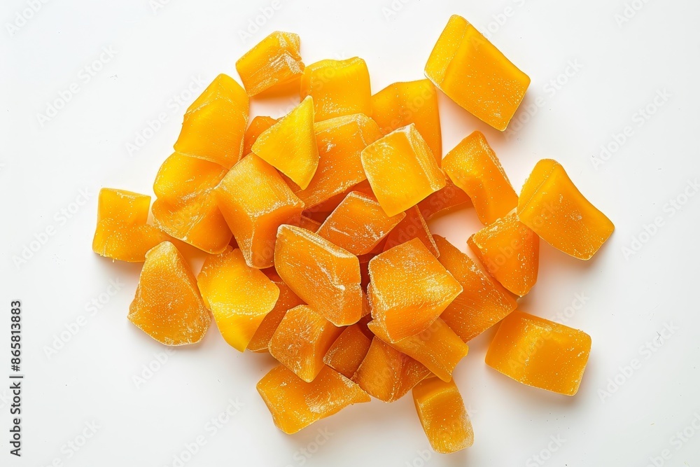 Top view of dehydrated mango chips on white background closeup Top view of dehydrated mango chips on white background closeup