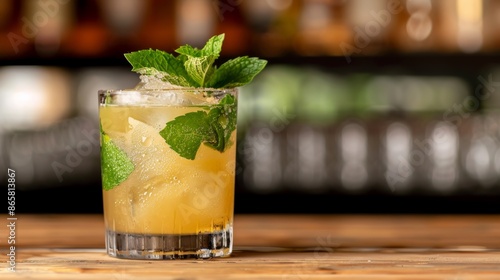 A close-up of a refreshing cocktail garnished with mint leaves, condensation glistening on the glass as it sits on a wooden bar. 