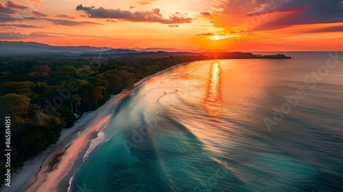 Breathtaking Sunset over Tropical Beach and Turquoise Ocean Waves photo