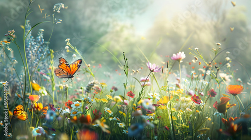 Beautiful Butterfly Flying in a Meadow of Flowers, Illustration