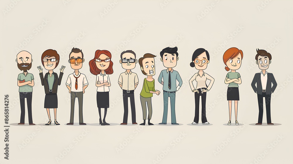 Group of people standing in a row, representing teamwork and success in business, with shadow overlay, vector illustration concept Group of people standing in a row, representing teamwork and success in business, with shadow overlay, vector illustration concept