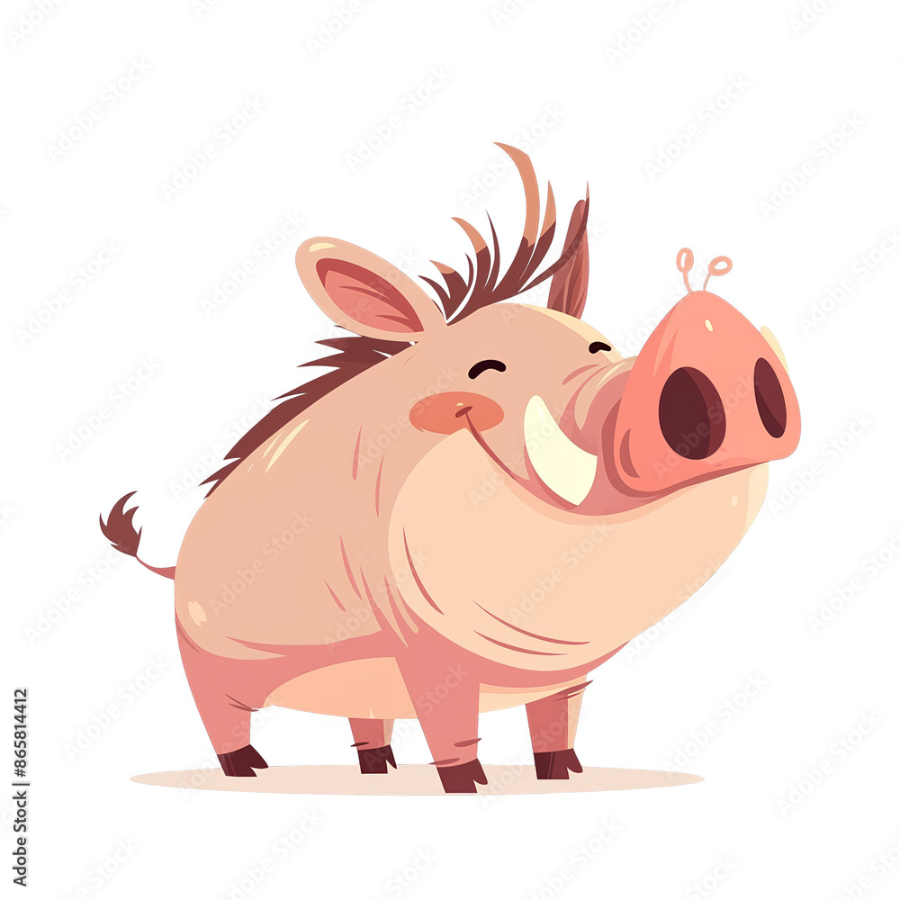 Fototapeta premium Cute cartoon warthog illustration with a big smile, standing on a white background. Perfect for children's books or educational materials.