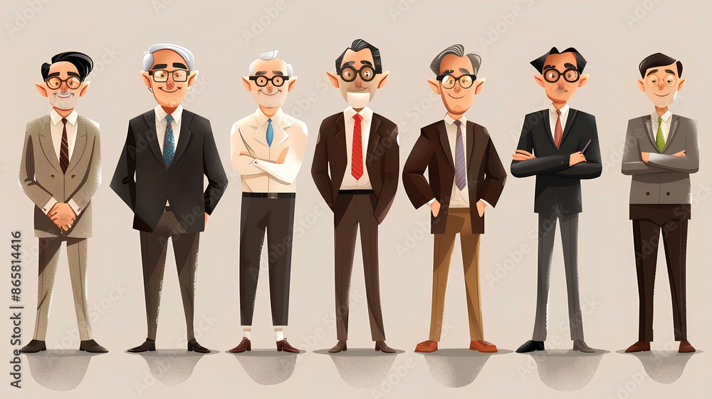 Business people team in office setting, success symbol, teamwork concept, men and women in suits, characters and icons, group standing together, facial expressions tied together Business people team in office setting, success symbol, teamwork concept, men and women in suits, characters and icons, group standing together, facial expressions tied together