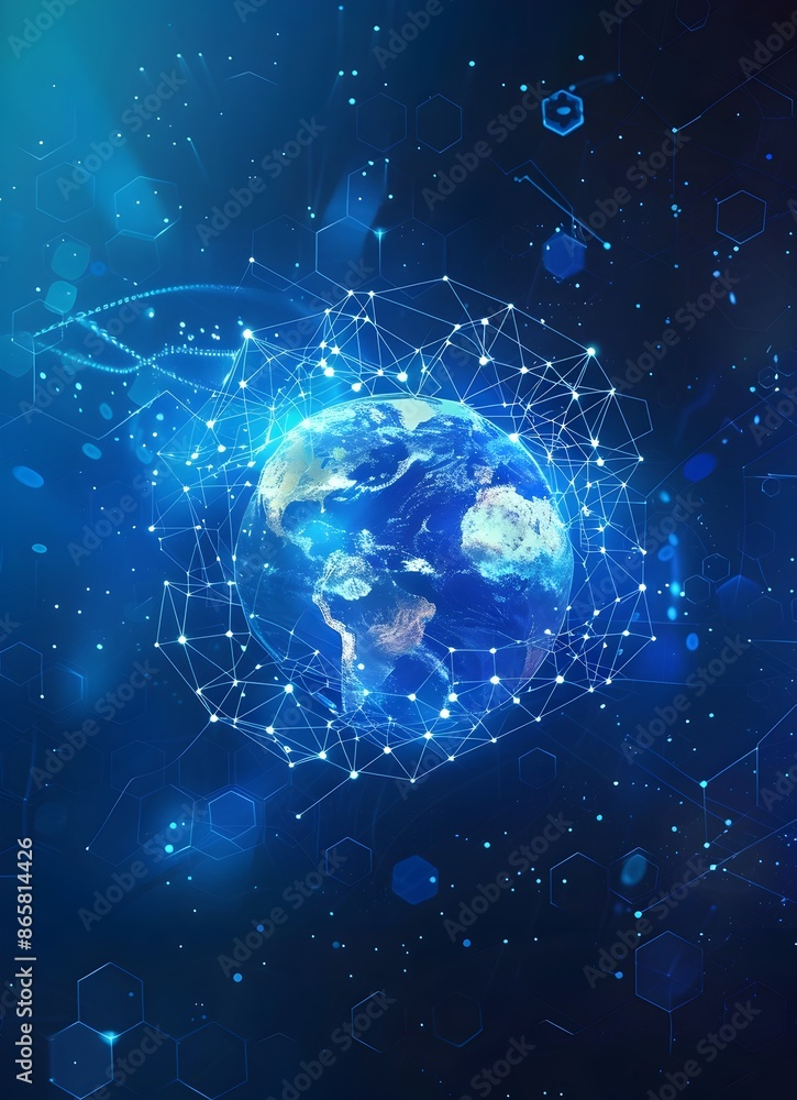 Obraz premium Globally Connected Digital Earth with Hexagonal Network Symbolizing Modern Technology and Diverse Cultures