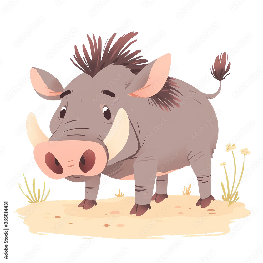 Fototapeta premium Cute cartoon warthog standing in a desert with sparse grass. The illustration is colorful and captures the playful essence of the animal.