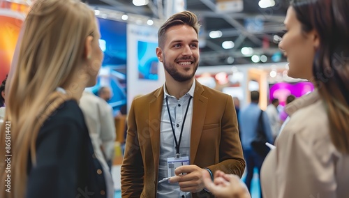 Businessman networking with colleagues at a trade show or conference. Concept of business, marketing, and professional development.