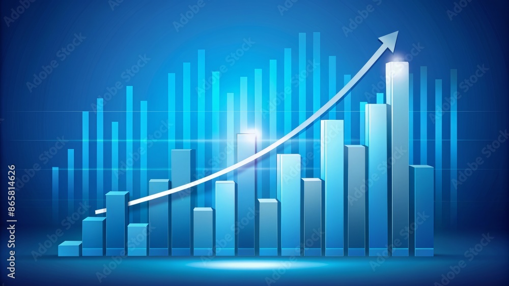 Stylized illustration of growing bar graph and charts on blue background representing financial progress and strategic business planning. Stylized illustration of growing bar graph and charts on blue background representing financial progress and strategic business planning.