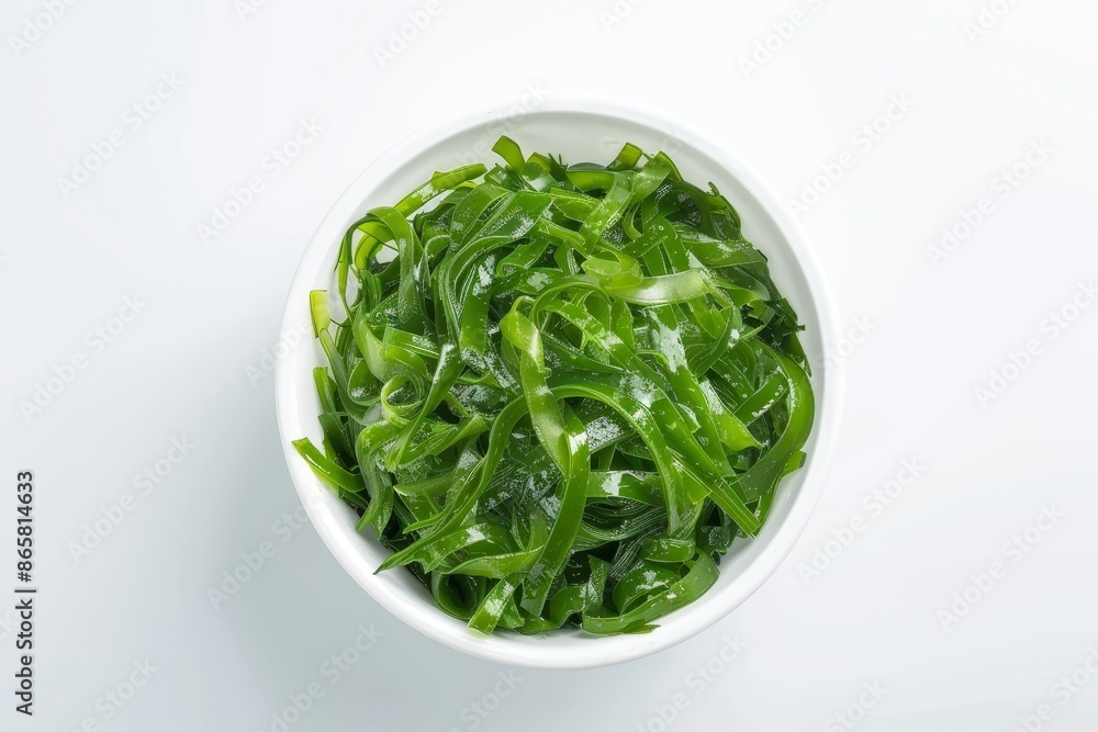 Top view of isolated Japanese seaweed salad in white bowl Top view of isolated Japanese seaweed salad in white bowl
